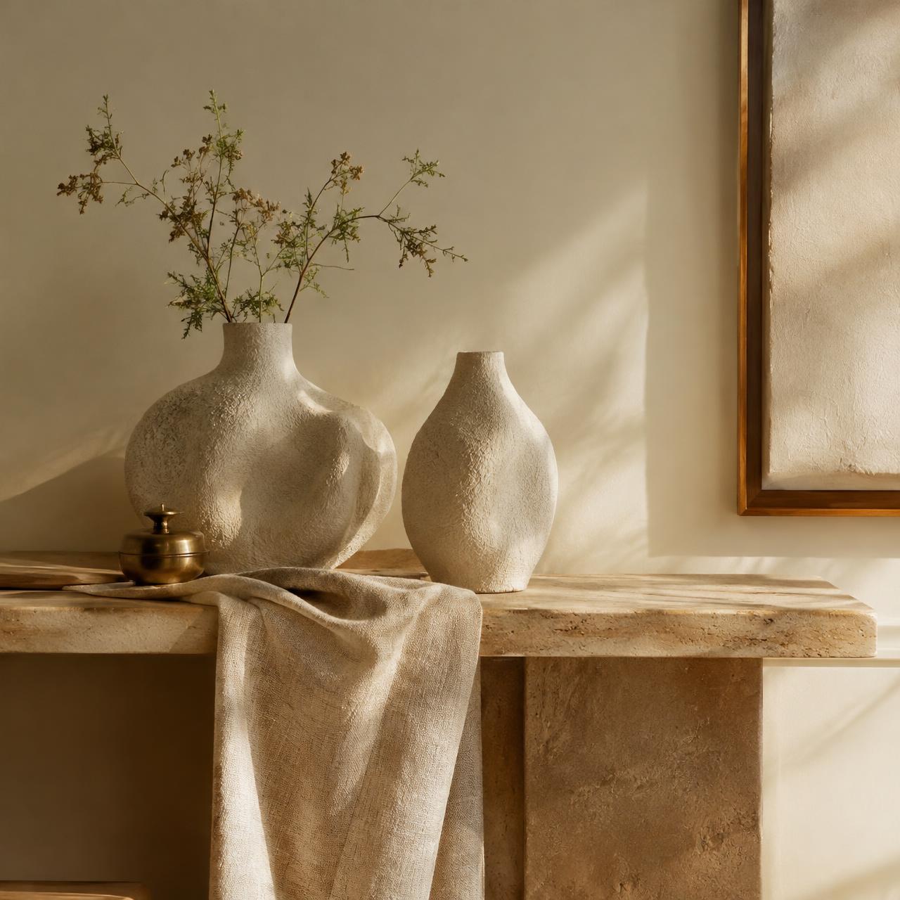 Sculptural ceramic vases and a brass vessel on a travertine console in soft sunlight