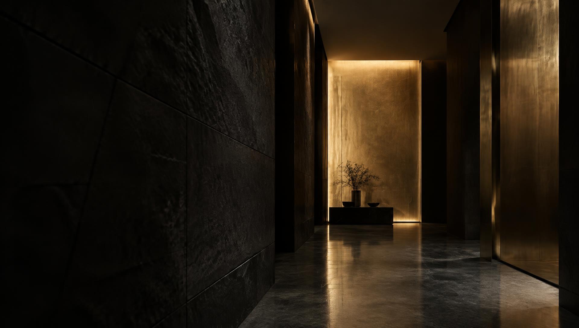 Dark stone corridor ending in a softly lit champagne-gold wall